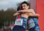 12 December 2021; Yann Schrub of France, right, and team-mate Jimmy Gressier embrace after the Senior Men's 10,000m during the SPAR European Cross Country Championships Fingal-Dublin 2021 at the Sport Ireland Campus in Dublin. Photo by Sam Barnes/Sportsfile