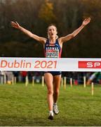 12 December 2021; Karoline Bjerkeli Grøvdal of Norway celebrates as she crosses the finish line to win the Senior Women's 8000m during the SPAR European Cross Country Championships Fingal-Dublin 2021 at the Sport Ireland Campus in Dublin. Photo by Sam Barnes/Sportsfile