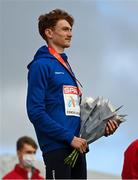 12 December 2021; Ruben Querinjean of Luxembourg during the U23 Men's 8000m medal ceremony during the SPAR European Cross Country Championships Fingal-Dublin 2021 at the Sport Ireland Campus in Dublin. Photo by Ramsey Cardy/Sportsfile