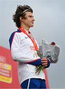 12 December 2021; Charles Hicks of Great Britain during the U23 Men's 8000m medal ceremony during the SPAR European Cross Country Championships Fingal-Dublin 2021 at the Sport Ireland Campus in Dublin. Photo by Ramsey Cardy/Sportsfile