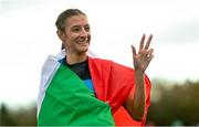 12 December 2021; Nadia Battocletti of Italy celebrates after winning the U23 Women's 6000m during the SPAR European Cross Country Championships Fingal-Dublin 2021 at the Sport Ireland Campus in Dublin.  Photo by Ramsey Cardy/Sportsfile