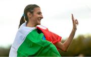 12 December 2021; Nadia Battocletti of Italy celebrates after winning the U23 Women's 6000m during the SPAR European Cross Country Championships Fingal-Dublin 2021 at the Sport Ireland Campus in Dublin.  Photo by Ramsey Cardy/Sportsfile