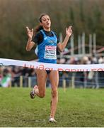 12 December 2021; Nadia Battocletti of Italy crosses the finish line to win the Under 23 Women's event during the SPAR European Cross Country Championships Fingal-Dublin 2021 at the Sport Ireland Campus in Dublin. Photo by Ramsey Cardy/Sportsfile