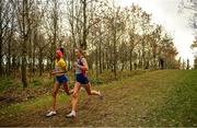 12 December 2021; Meraf Bahta of Sweden, left, and Karoline Bjerkeli Grøvdal of Norway compete in the Senior Women's race during the SPAR European Cross Country Championships Fingal-Dublin 2021 at the Sport Ireland Campus in Dublin. Photo by Ramsey Cardy/Sportsfile