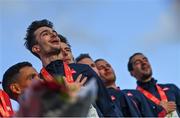 12 December 2021; Hugo Hay of France with his teammates on the Senior Men's team podium after winning Gold during the SPAR European Cross Country Championships Fingal-Dublin 2021 at the Sport Ireland Campus in Dublin. Photo by Ramsey Cardy/Sportsfile