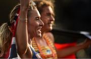 12 December 2021; Karoline Bjerkeli Grøvdal of Norway  celebrates after winning the Senior Women's race in the SPAR European Cross Country Championships Fingal-Dublin 2021 at the Sport Ireland Campus in Dublin. Photo by Ramsey Cardy/Sportsfile