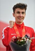 12 December 2021; Axel Vang Christensen of Denmark on the podium after the Under 20 Men's race during the SPAR European Cross Country Championships Fingal-Dublin 2021 at the Sport Ireland Campus in Dublin. Photo by Ramsey Cardy/Sportsfile