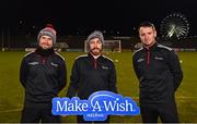 13 December 2021; Conan Byrne, left, Paul Mladjenovic, Head of Media and Communication at Galway United FC, centre, and Brendan Clarke of Shelbourne before the Make-A-Wish Ireland Crossbar Challenge at Tallaght Stadium in Dublin. Photo by Eóin Noonan/Sportsfile