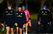 14 December 2021; Tommy O'Brien, left, James Lowe and team-mates arrive to a Leinster Rugby squad training session at UCD in Dublin. Photo by Harry Murphy/Sportsfile