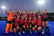 15 December 2021; Wesley College players celebrate after the Leinster Schoolgirls Junior Cup Final match between Wesley College and Loreto Beaufort at the National Stadium in UCD, Dublin. Photo by Eóin Noonan/Sportsfile