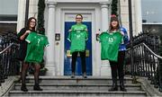 17 December 2021; Republic of Ireland Women's National Team midfielder Ciara Grant, centre, presents exclusive Ireland jerseys to Rachel Daly, community engagement manager, left, and Aideen Kiernan, community engagement executive, Children's Health Foundation, as well as a cheque worth over €20,000, as part of an initiative to raise funds for sick children at Temple Street Children's Hospital in Dublin. Photo by Seb Daly/Sportsfile