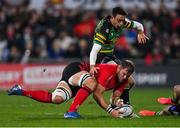 17 December 2021; Duane Vermeulen of Ulster is tackled by Alex Mitchell of Northampton Saints during the Heineken Champions Cup Pool A match between Ulster and Northampton Saints at Kingspan Stadium in Belfast. Photo by Ramsey Cardy/Sportsfile