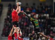 17 December 2021; Duane Vermeulen of Ulster wins possession in the lineout against Courtney Lawes of Northampton Saints during the Heineken Champions Cup Pool A match between Ulster and Northampton Saints at Kingspan Stadium in Belfast. Photo by Ramsey Cardy/Sportsfile