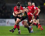 17 December 2021; Marty Moore of Ulster is tackled by Alex Waller of Northampton Saints during the Heineken Champions Cup Pool A match between Ulster and Northampton Saints at Kingspan Stadium in Belfast. Photo by Ramsey Cardy/Sportsfile
