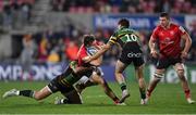 17 December 2021; James Hume of Ulster is tackled by Matt Proctor, left, and George Furbank of Northampton Saints during the Heineken Champions Cup Pool A match between Ulster and Northampton Saints at Kingspan Stadium in Belfast. Photo by Ramsey Cardy/Sportsfile
