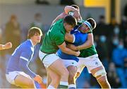 18 December 2021; Arturo Fusari of Italy is tackled by Darragh French, left, and Conor Moloney of Ireland during the U20's International match between Ireland and Italy at UCD Bowl in Dublin. Photo by Piaras Ó Mídheach/Sportsfile