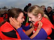 18 December 2021; Anais Curran of Oulart the Ballagh, left, celebrates with team-mate Aoife Dunne after the 2020 AIB All-Ireland Senior Club Camogie Championship Final match between Sarsfields and Oulart the Ballagh at UMPC Nowlan Park, Kilkenny. Photo by Eóin Noonan/Sportsfile