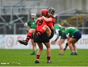 18 December 2021; Ursula Jacob of Oulart the Ballagh, right, celebrates with team-mate Anais Curran after the 2020 AIB All-Ireland Senior Club Camogie Championship Final match between Sarsfields and Oulart the Ballagh at UMPC Nowlan Park, Kilkenny. Photo by Eóin Noonan/Sportsfile