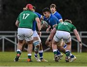 18 December 2021; Giacomo Ferrari of Italy in action against Kieran Ryan, 17, and Scott Wilson of Ireland during the U20's International match between Ireland and Italy at UCD Bowl in Dublin. Photo by Piaras Ó Mídheach/Sportsfile