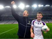 18 December 2021; Kilmacud Crokes manager Robbie Brennan, left, and Cian O’Connor celebrate after their side's victory in the AIB Leinster GAA Football Senior Club Championship Semi-Final match between Portarlington and Kilmacud Crokes at Croke Park in Dublin. Photo by Seb Daly/Sportsfile