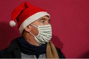 18 December 2021; A Munster supporter wearing a Santa hat and a facemask during the Heineken Champions Cup Pool B match between Munster and Castres Olympique at Thomond Park in Limerick. Photo by Brendan Moran/Sportsfile
