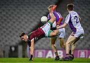 18 December 2021; Sean Byrne of Portarlington in action against Kilmacud Crokes goalkeeper Conor Ferris and Micheal Mullin during the AIB Leinster GAA Football Senior Club Championship Semi-Final match between Portarlington and Kilmacud Crokes at Croke Park in Dublin. Photo by Seb Daly/Sportsfile