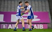 18 December 2021; Naas goalkeeper Jack Rodgers, right, and Cathal Daly celebrate after their side's victory during the AIB Leinster GAA Football Senior Club Championship Semi-Final match between Shelmaliers and Naas at Croke Park in Dublin. Photo by Seb Daly/Sportsfile