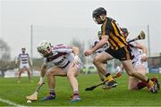 19 December 2021; Cormac O'Doherty of Slaughtneil in action against Brett Nicholson of Ballycran during the AIB Ulster GAA Hurling Senior Club Championship Final match between Ballycran and Slaughtneil at Corrigan Park in Belfast. Photo by Ramsey Cardy/Sportsfile