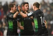 19 December 2021; John Porch of Connacht, right, celebrates after scoring his side's first try with team-mates Kieran Marmion and Dave Heffernan during the Heineken Champions Cup Pool B match between Leicester Tigers and Connacht at Mattioli Woods Welford Road in Leicester, England. Photo by Harry Murphy/Sportsfile