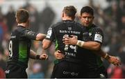 19 December 2021; John Porch of Connacht, centre, celebrates after scoring his side's first try with team-mates Kieran Marmion and Dave Heffernan during the Heineken Champions Cup Pool B match between Leicester Tigers and Connacht at Mattioli Woods Welford Road in Leicester, England. Photo by Harry Murphy/Sportsfile