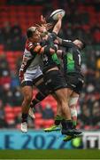 19 December 2021; Hosea Saumaki of Leicester Tigers contests a high ball with John Porch and Sammy Arnold of Connacht during the Heineken Champions Cup Pool B match between Leicester Tigers and Connacht at Mattioli Woods Welford Road in Leicester, England. Photo by Harry Murphy/Sportsfile