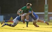 18 December 2021; Tony Butler of Ireland in action against Giacomo Ferrari, left, and Luca Rizzoli of Italy during the U20's International match between Ireland and Italy at UCD Bowl in Dublin. Photo by Piaras Ó Mídheach/Sportsfile