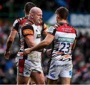 19 December 2021; Dan Cole of Leicester Tigers shakes hands with Guy Porter after their side's victory in the Heineken Champions Cup Pool B match between Leicester Tigers and Connacht at Mattioli Woods Welford Road in Leicester, England. Photo by Harry Murphy/Sportsfile