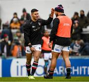 19 December 2021; Dan Kelly, left, and Ellis Genge of Leicester Tigers during the Heineken Champions Cup Pool B match between Leicester Tigers and Connacht at Mattioli Woods Welford Road in Leicester, England. Photo by Harry Murphy/Sportsfile