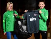 22 December 2021; The Republic of Ireland Women’s National Team has given its support to the Irish Homeless World Cup squad by donating gear and equipment. In association with Sky Ireland, the WNT will provide training tops, shorts and socks from the current Umbro Ireland range, as well as Umbro footballs to the Irish Homeless Street Leagues for the female players aiming to make the 2022 Irish Homeless World Cup squad. Republic of Ireland Women's National Team captain Katie McCabe presents gear, in association with Sky Ireland, to Tara McNeill for the Ireland Homeless World Cup squad. Photo by Stephen McCarthy/Sportsfile