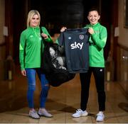 22 December 2021; The Republic of Ireland Women’s National Team has given its support to the Irish Homeless World Cup squad by donating gear and equipment. In association with Sky Ireland, the WNT will provide training tops, shorts and socks from the current Umbro Ireland range, as well as Umbro footballs to the Irish Homeless Street Leagues for the female players aiming to make the 2022 Irish Homeless World Cup squad. Republic of Ireland Women's National Team captain Katie McCabe presents gear, in association with Sky Ireland, to Tara McNeill for the Ireland Homeless World Cup squad. Photo by Stephen McCarthy/Sportsfile
