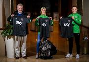 22 December 2021; The Republic of Ireland Women’s National Team has given its support to the Irish Homeless World Cup squad by donating gear and equipment. In association with Sky Ireland, the WNT will provide training tops, shorts and socks from the current Umbro Ireland range, as well as Umbro footballs to the Irish Homeless Street Leagues for the female players aiming to make the 2022 Irish Homeless World Cup squad. Republic of Ireland Women's National Team captain Katie McCabe, right, presents gear, in association with Sky Ireland, to Tara McNeill and Sean Kavanagh for the Ireland Homeless World Cup squad. Photo by Stephen McCarthy/Sportsfile