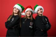 23 December 2021; Players, from left, Izzy Atkinson, Emily Whelan and Jessica Ziu during a Christmas Republic of Ireland Women photoshoot at Castleknock Hotel in Dublin. Photo by Stephen McCarthy/Sportsfile