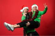 23 December 2021; Diane Caldwell, left, and Denise O'Sullivan during a Christmas Republic of Ireland Women photoshoot at Castleknock Hotel in Dublin. Photo by Stephen McCarthy/Sportsfile