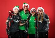23 December 2021; Republic of Ireland players, from left, Lucy Quinn, Louise Quinn, Emily Whelan and Jamie Finn during a Christmas Republic of Ireland Women photoshoot at Castleknock Hotel in Dublin. Photo by Stephen McCarthy/Sportsfile