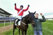 26 December 2021; Paul Townend on Ferny Hollow with groom Paul Roche celebrate after winning The Racing Post Novice Steeplechase on day one of the Leopardstown Christmas Festival at Leopardstown Racecourse in Dublin. Photo by Matt Browne/Sportsfile