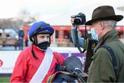 26 December 2021; Jockey Paul Townend with trainer Willie Mullins after winning The Racing Post Novice Steeplechase on Ferny Hollow on day one of the Leopardstown Christmas Festival at Leopardstown Racecourse in Dublin. Photo by Matt Browne/Sportsfile