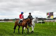 27 December 2021; Jockey Rachael Blackmore, on Envoi Allen, is interviewed by RTÉ presenter Katie Walsh after winning the Paddy's Rewards Club Steeplechase on day two of the Leopardstown Christmas Festival at Leopardstown Racecourse in Dublin. Photo by Eóin Noonan/Sportsfile