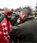27 December 2021; Jockey Jack Kennedy speaks to Gordon Elliott, right, after winning the Paddy Power Future Champions Novice Hurdle on day two of the Leopardstown Christmas Festival at Leopardstown Racecourse in Dublin. Photo by Eóin Noonan/Sportsfile