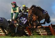 28 December 2021; Whatucallher and jockey Conor McNamara fall at the last during the Pertemps Network Handicap Hurdle on day three of the Leopardstown Christmas Festival at Leopardstown Racecourse in Dublin. Photo by Seb Daly/Sportsfile