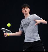 28 December 2021; Aaron Breen during his Boys U16 Singles Round of 32 match against Adrian Lynch during the Shared Access National Indoor Tennis Championships 2022 at David Lloyd Riverview in Dublin. Photo by Ramsey Cardy/Sportsfile
