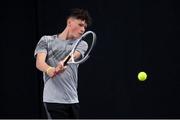 28 December 2021; Aaron Breen during his Boys U16 Singles Round of 32 match against Adrian Lynch during the Shared Access National Indoor Tennis Championships 2022 at David Lloyd Riverview in Dublin. Photo by Ramsey Cardy/Sportsfile
