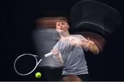 28 December 2021; (EDITORS NOTE: Image created using the multiple exposure function in camera) Aaron Breen during his Boys U16 Singles Round of 32 match against Adrian Lynch during the Shared Access National Indoor Tennis Championships 2022 at David Lloyd Riverview in Dublin. Photo by Ramsey Cardy/Sportsfile