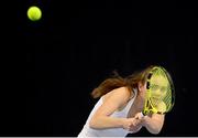 28 December 2021; Rachel Kirby during her Girls Singles U16 Round of 32 match against Lucia Whelan during the Shared Access National Indoor Tennis Championships 2022 at David Lloyd Riverview in Dublin. Photo by Ramsey Cardy/Sportsfile