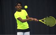 28 December 2021; Aniket Roy during his Boys U14 Singles Round of 32 match against Hugh Murphy during the Shared Access National Indoor Tennis Championships 2022 at David Lloyd Riverview in Dublin. Photo by Ramsey Cardy/Sportsfile